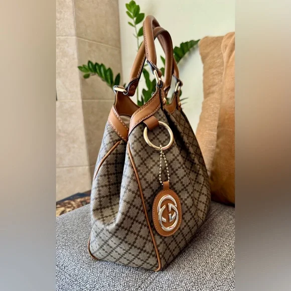 Designer-Style Brown Patterned Tote Bag with Tan Leather Trim - Picture 3 of 16